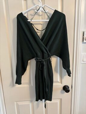 Love Tree Dark Green Ribbed Long Sleeve Wrap Dress